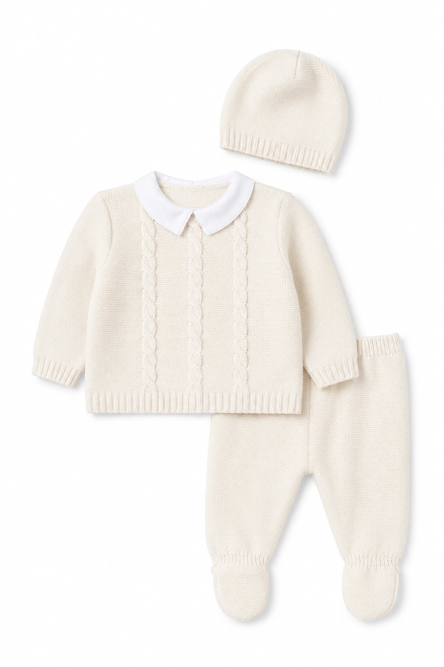 Baby outfit set with sweater, pants, and hat on a white background