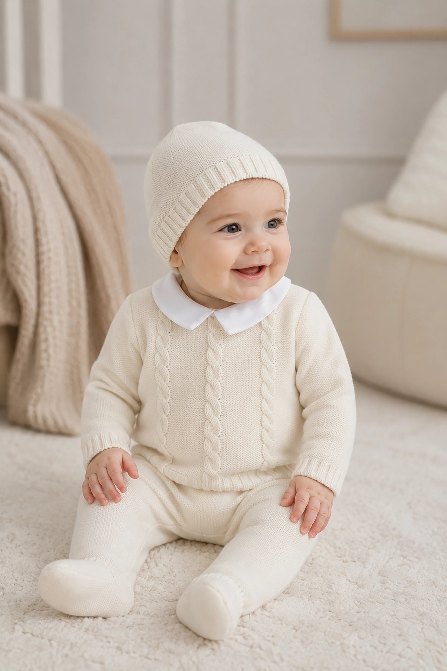 Baby wearing a cream knit outfit sitting on a soft surface