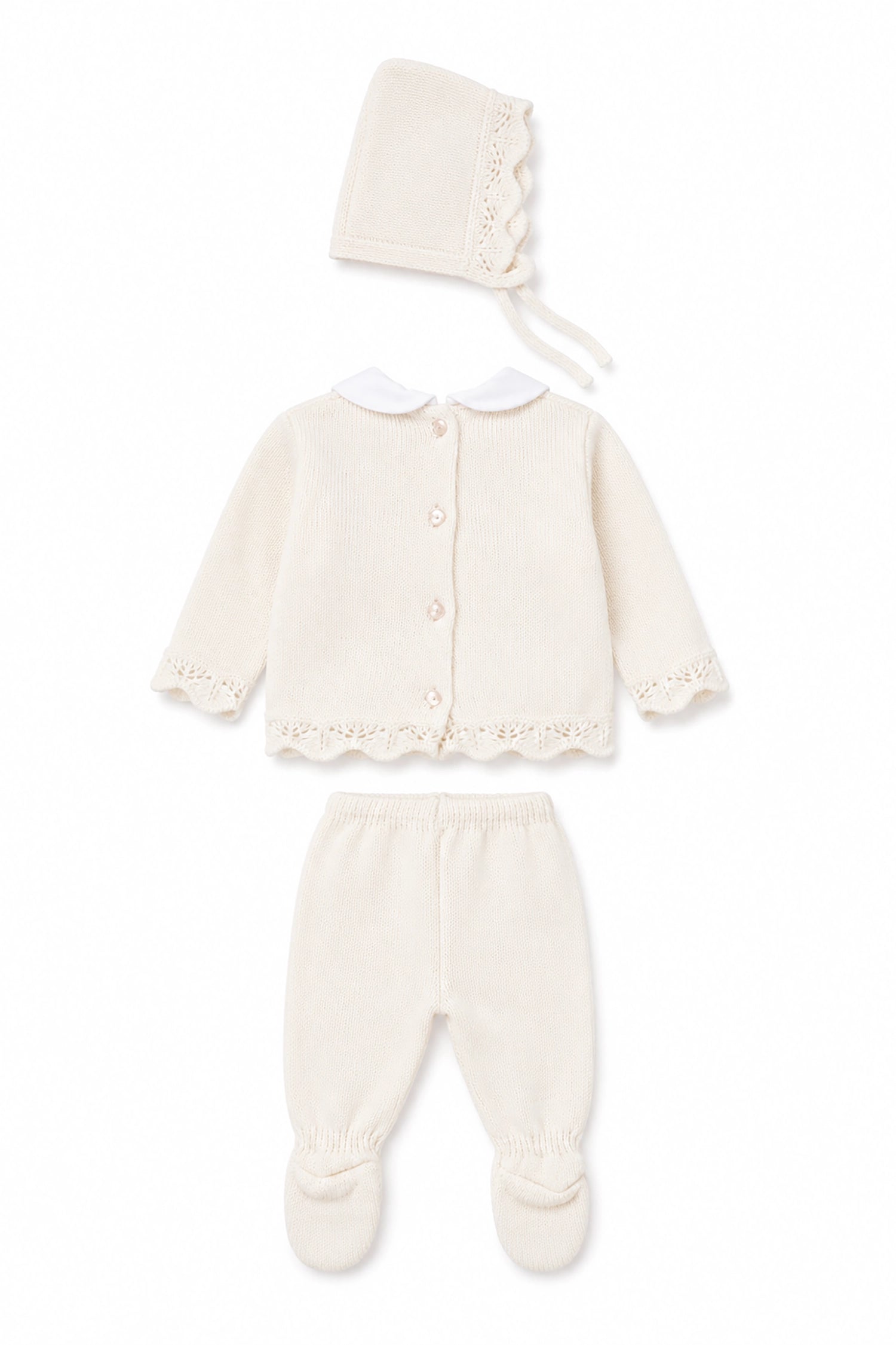 Baby outfit set with cardigan, pants, and hat on a white background