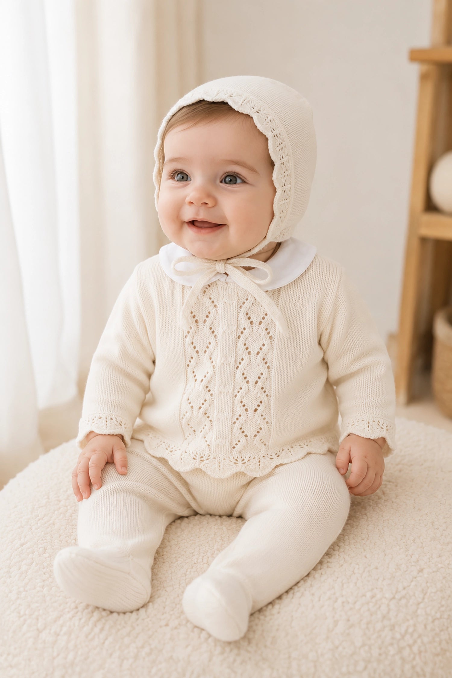 Baby wearing a cream-colored knitted outfit with a bonnet, sitting on a soft surface.