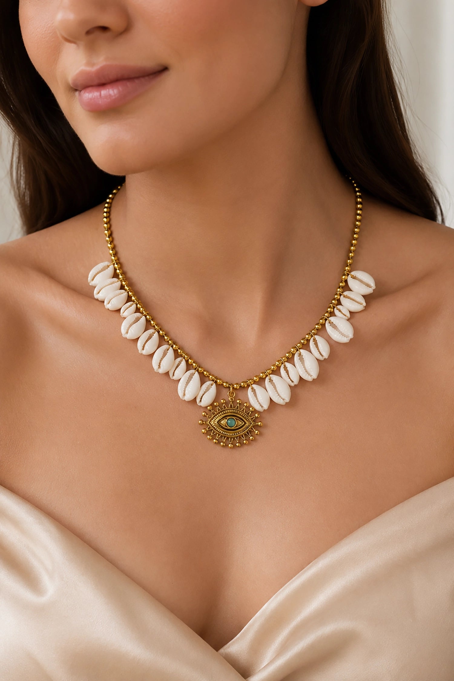 Necklace with white beads and gold accents worn by a model against a neutral background