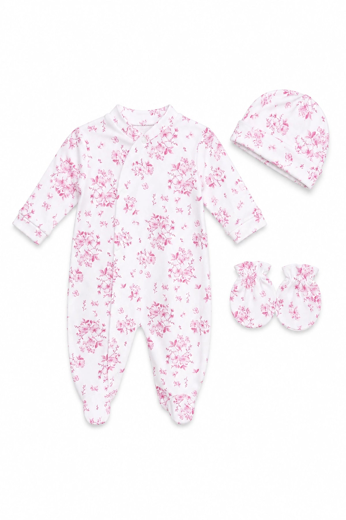 Baby onesie, hat, and mittens set with pink floral pattern on a white background