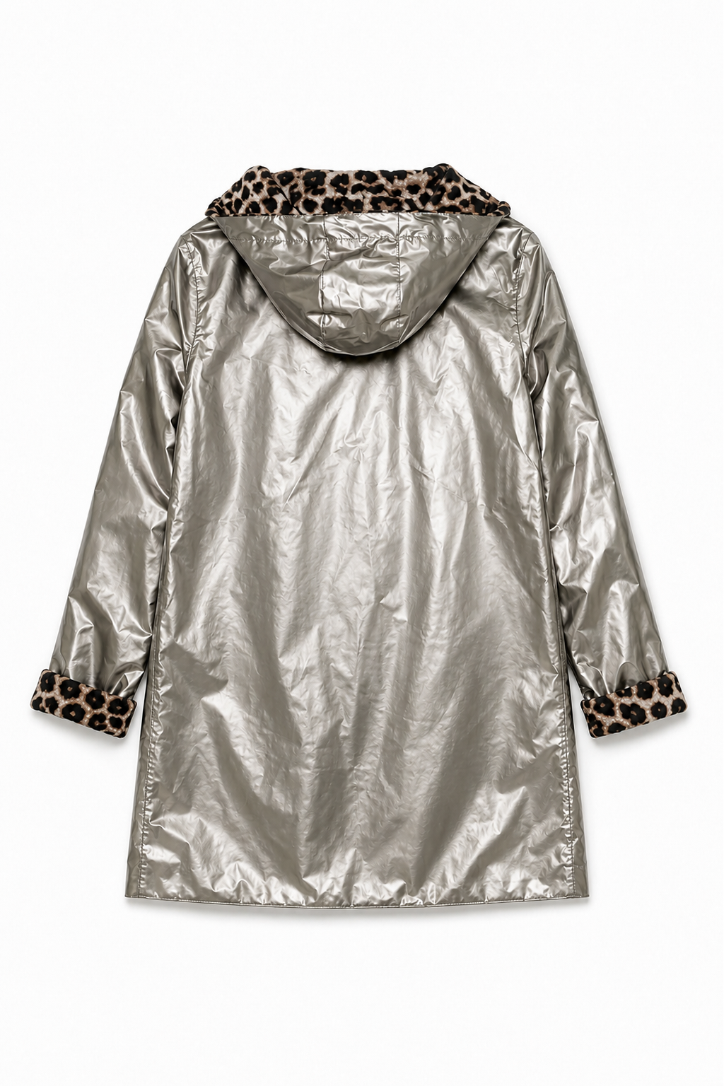 Silver raincoat with leopard print cuffs and hood on a white background