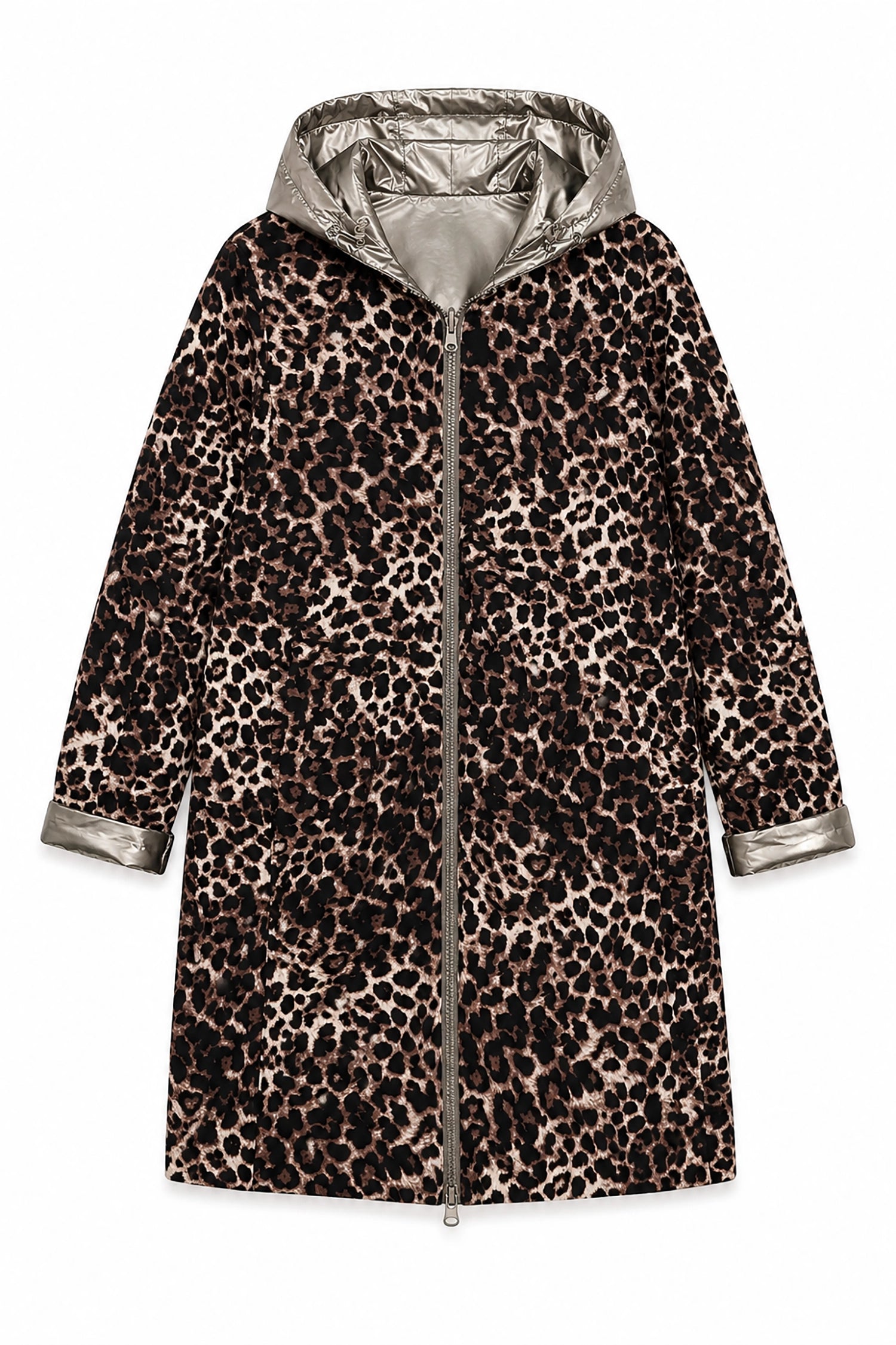 Leopard print coat with silver hood on a white background