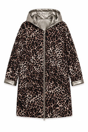 Leopard print coat with silver hood on a white background