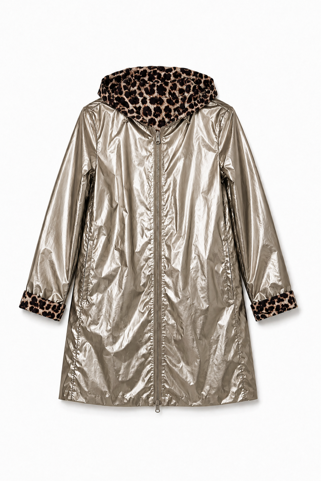 gold raincoat with leopard print trim on a white background