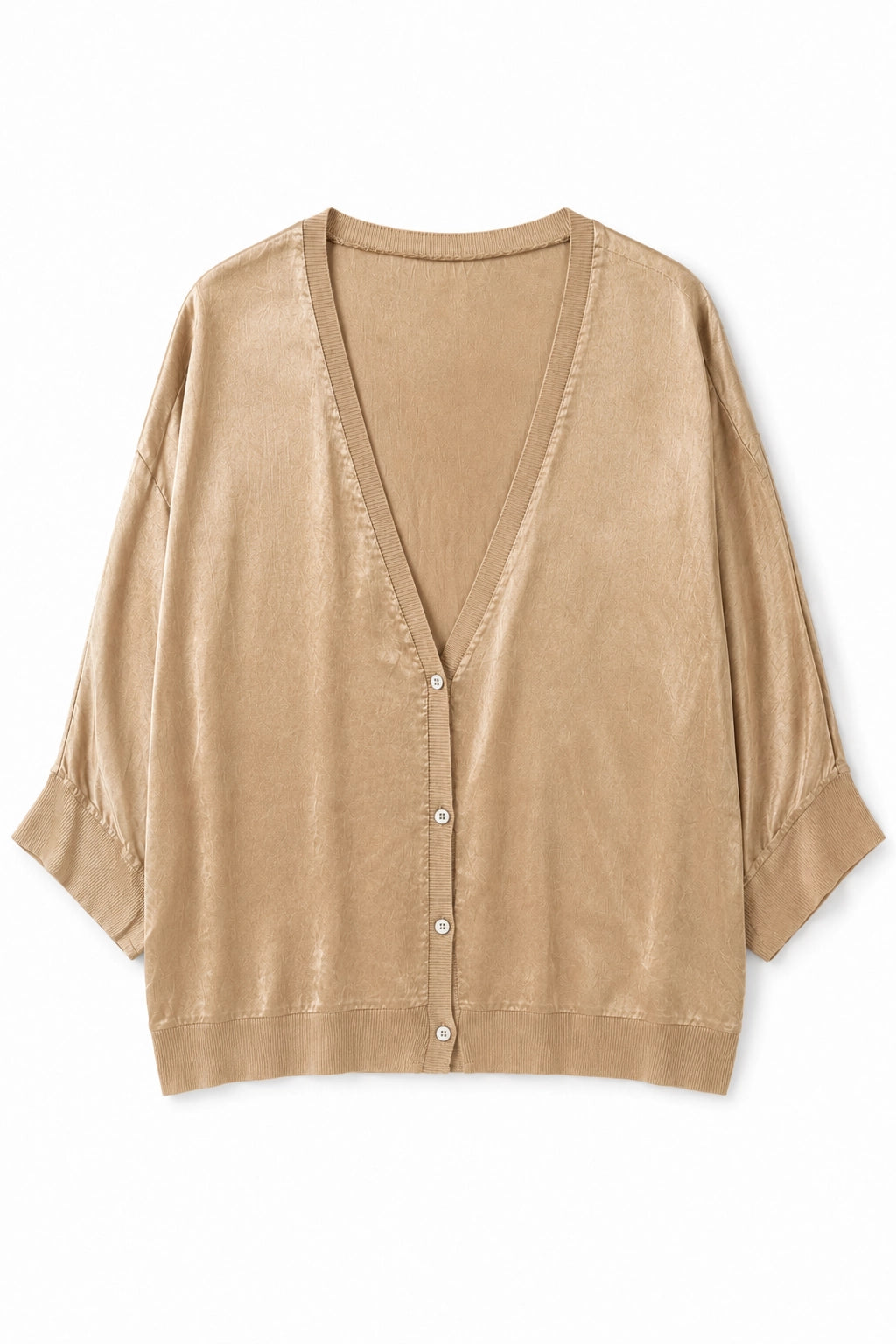 A light tan cardigan sweater with a V-neck, button-up front, and elbow-length sleeves, shown flat against a white background.