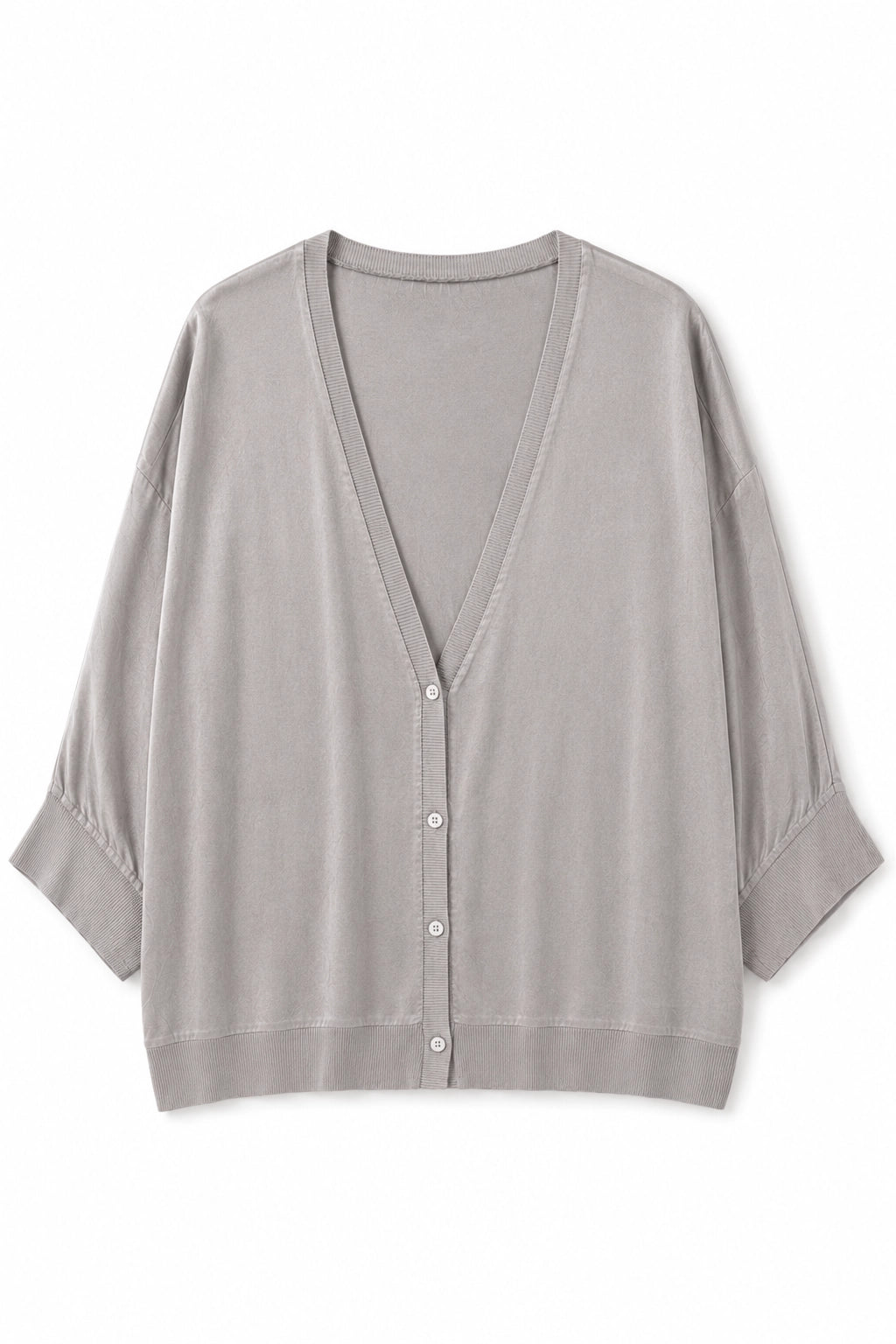 A light gray knit cardigan with a V-neck, button-front closure, and elbow-length sleeves, shown flat against a plain white background.