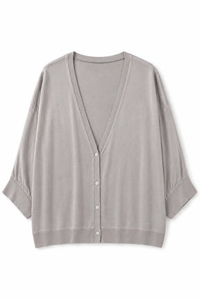 A light gray knit cardigan with a V-neck, button-front closure, and elbow-length sleeves, shown flat against a plain white background.