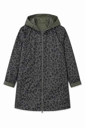 Gray coat with green leopard print pattern on a white background