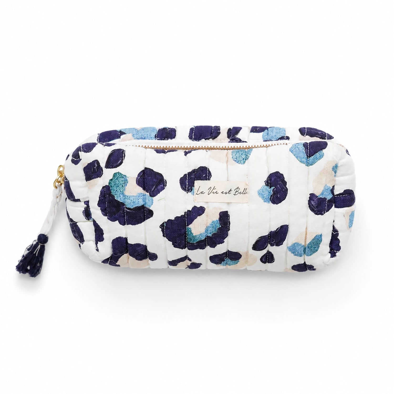Floral patterned pouch with a visible brand name on a white background