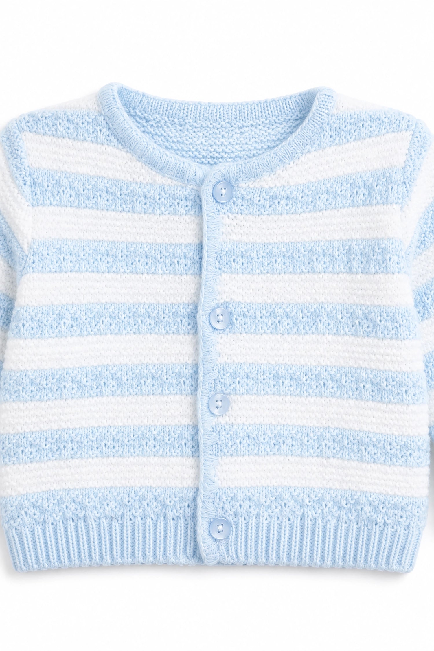 Light blue and white striped baby cardigan on a white background