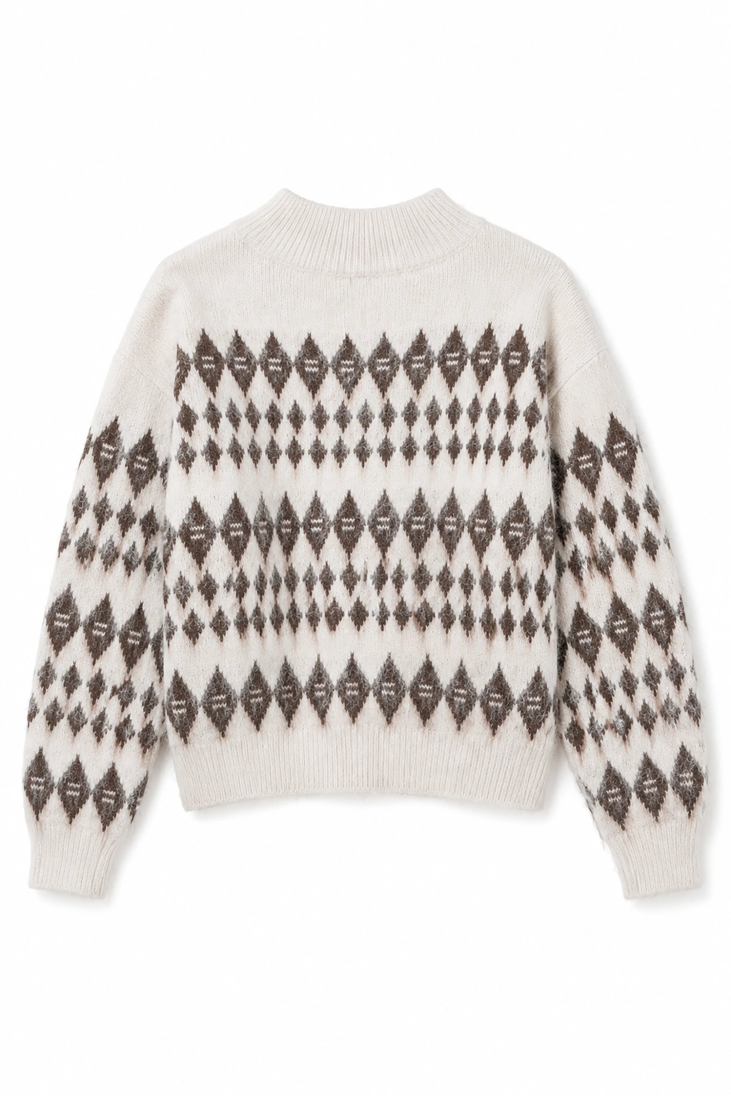 White sweater with brown geometric pattern on a white background