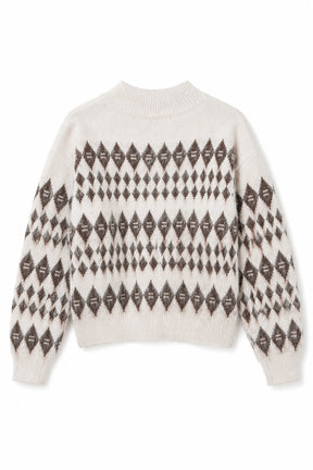 White sweater with brown geometric pattern on a white background
