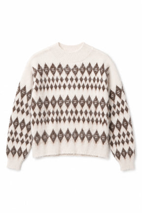 White sweater with brown geometric pattern on a white background