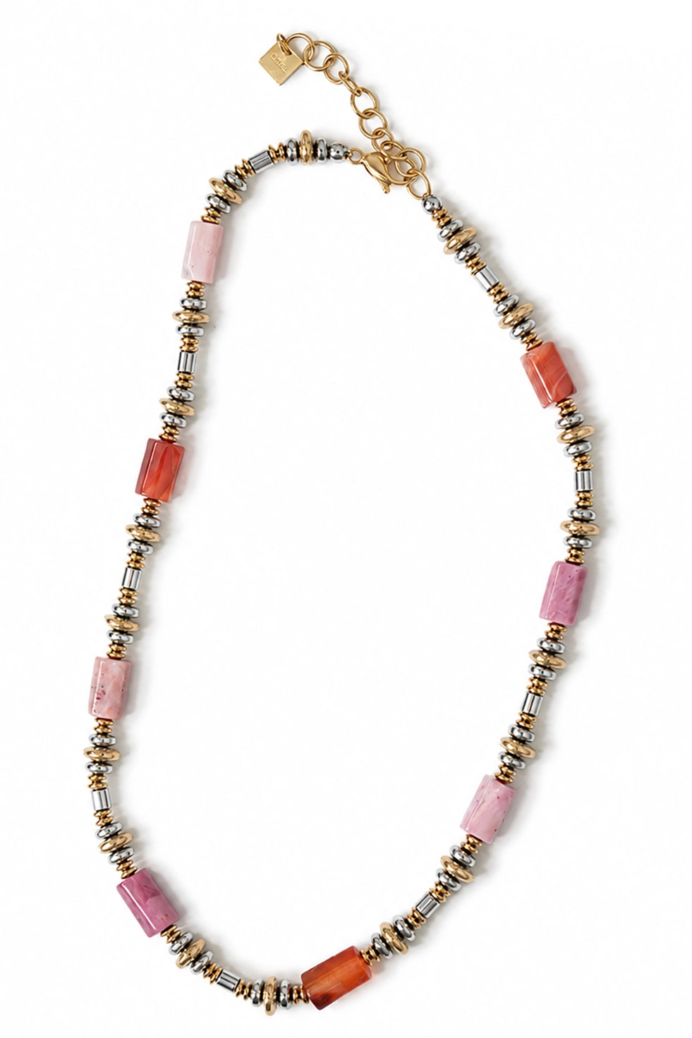 Necklace with pink and orange beads on a white background