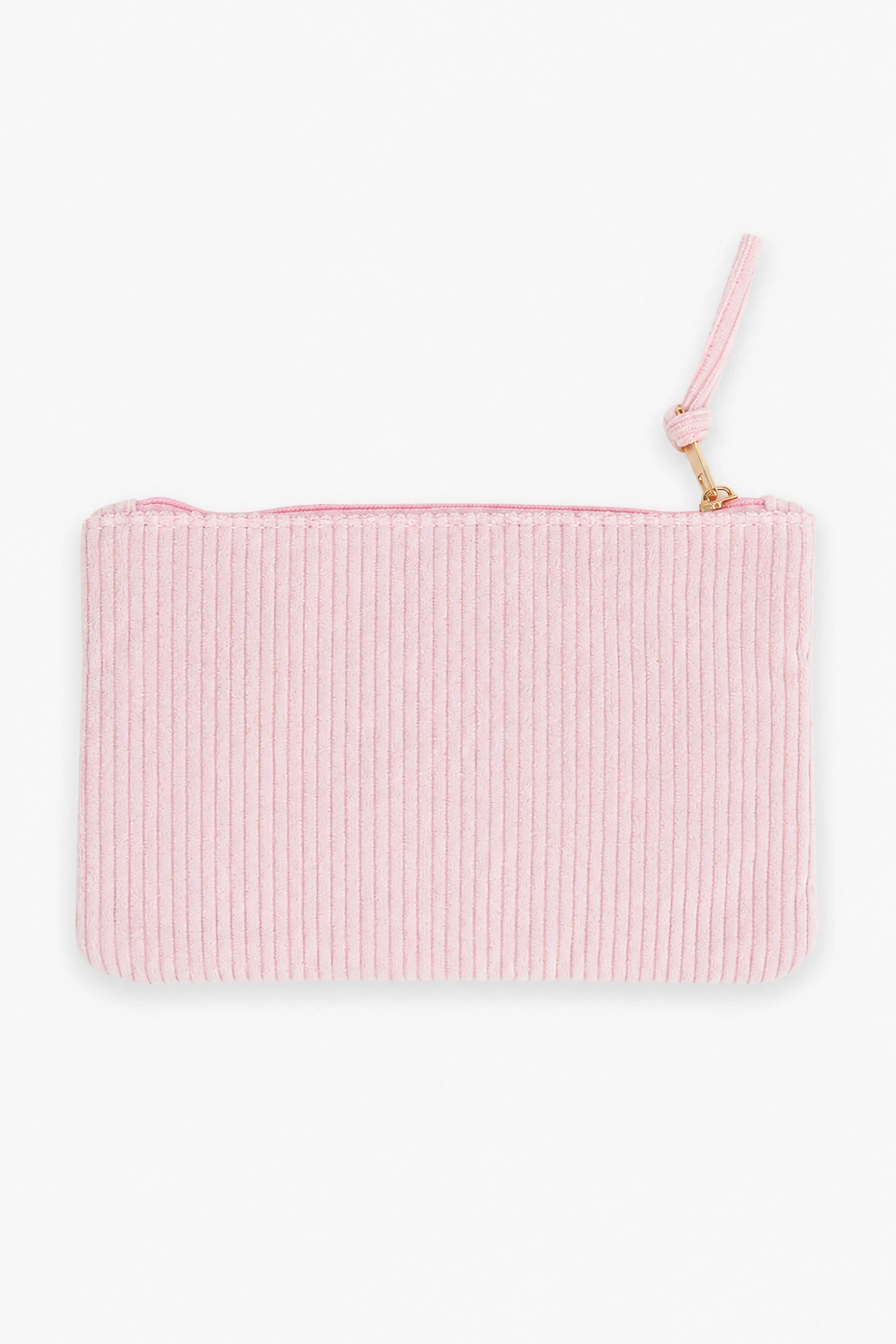 Pink ribbed clutch bag with a strap on a white background