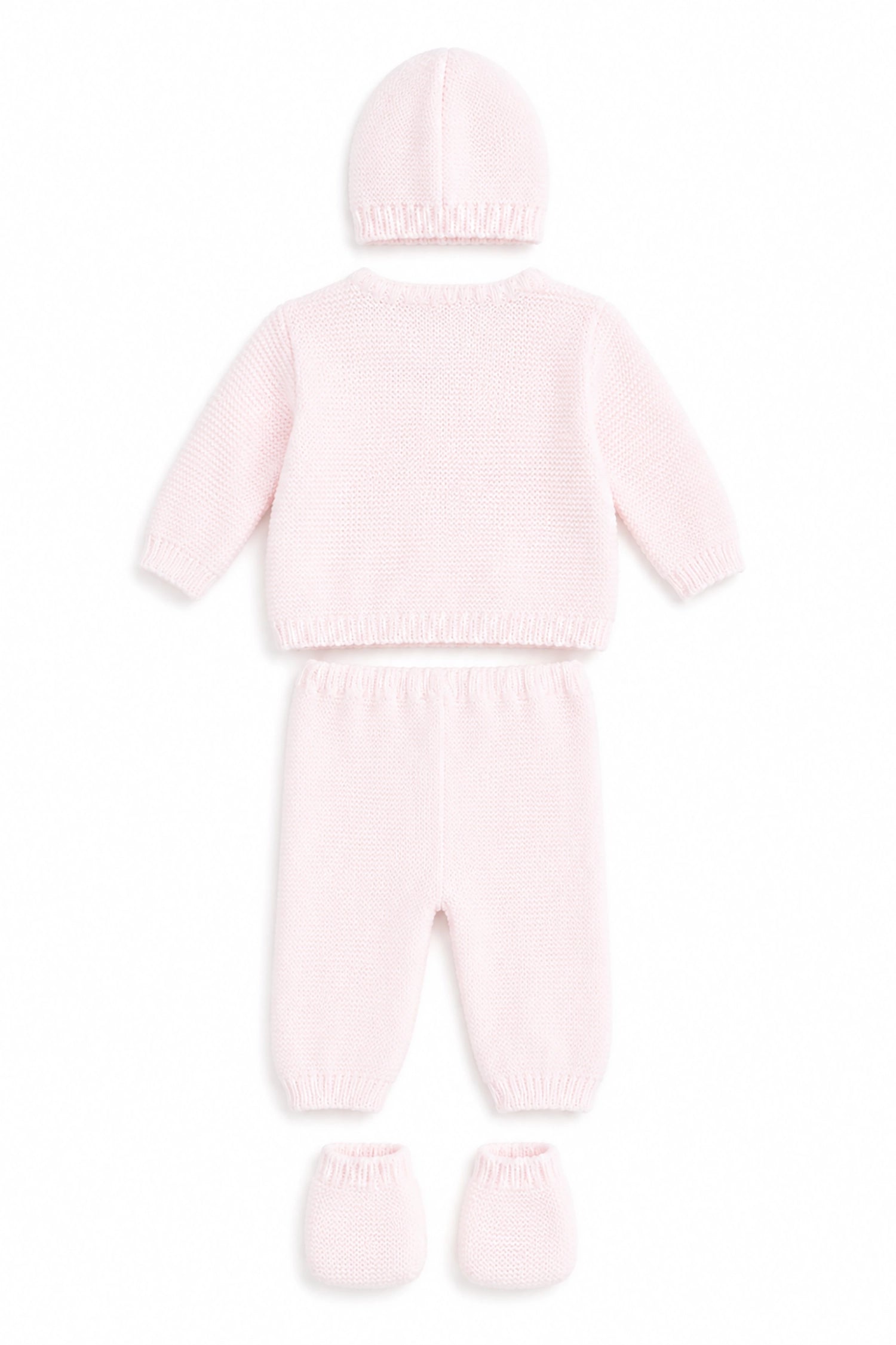 Pink baby outfit with hat, onesie, and booties on a white background