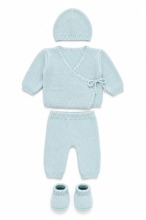 Light blue baby outfit with sweater, pants, and hat on a white background