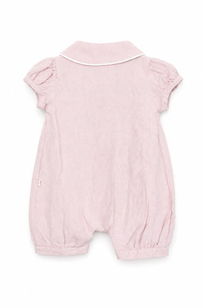 Pink baby romper with a collar on a white background