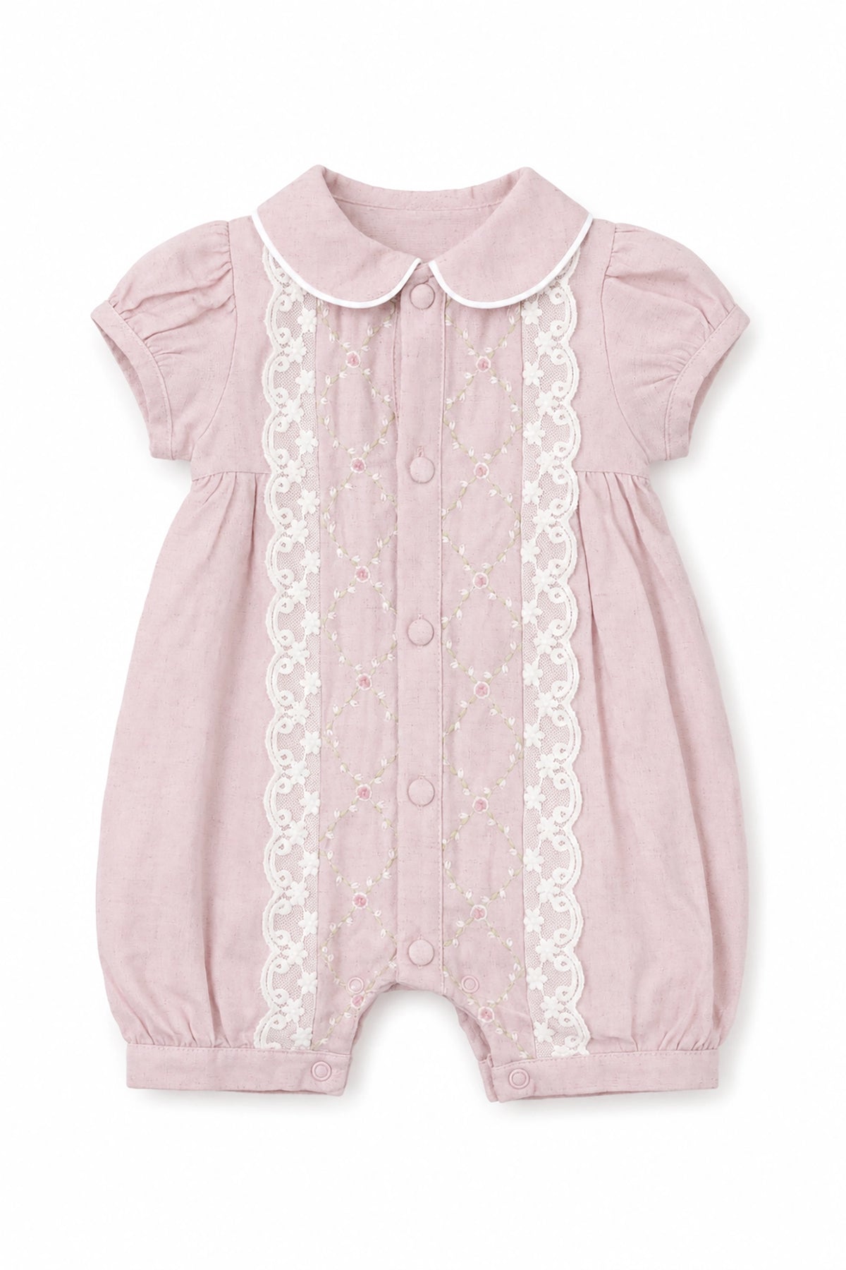 Pink baby romper with lace details on a white background