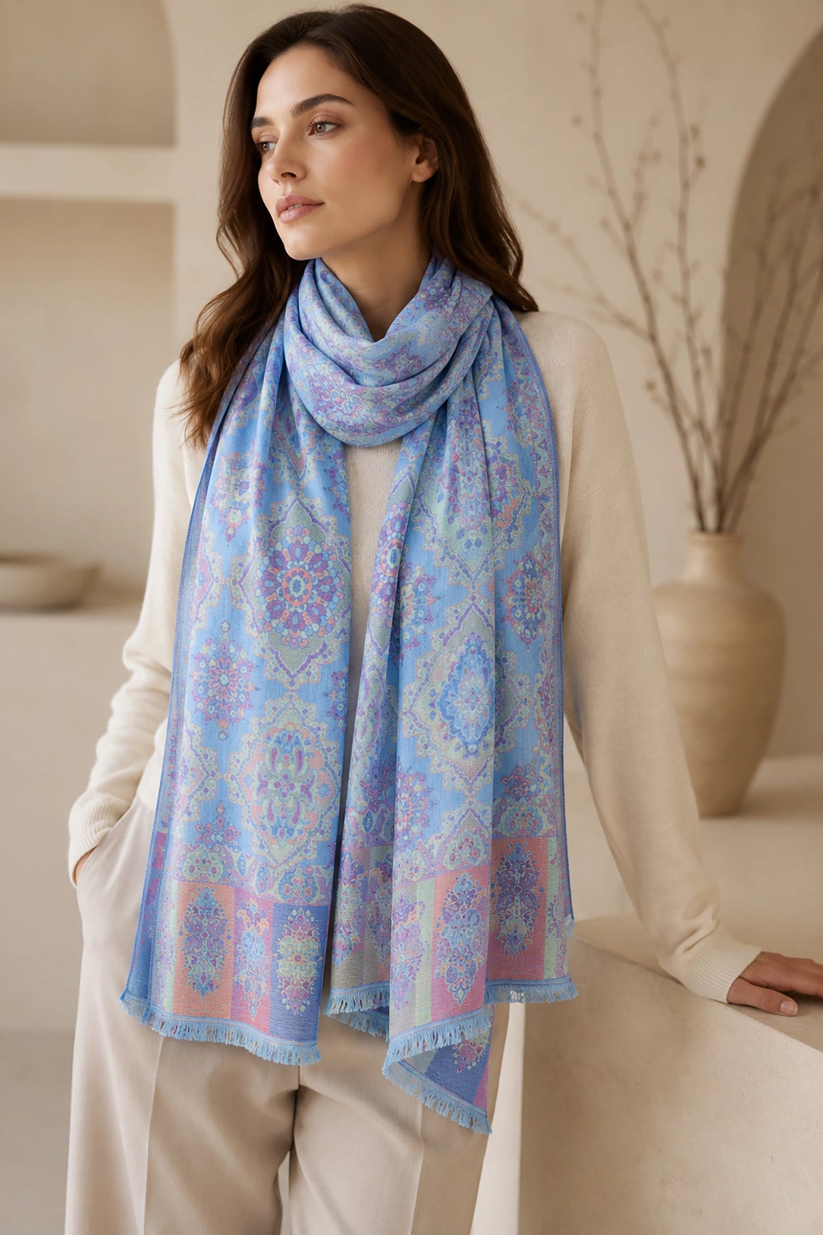 Woman wearing a blue patterned scarf in a neutral setting