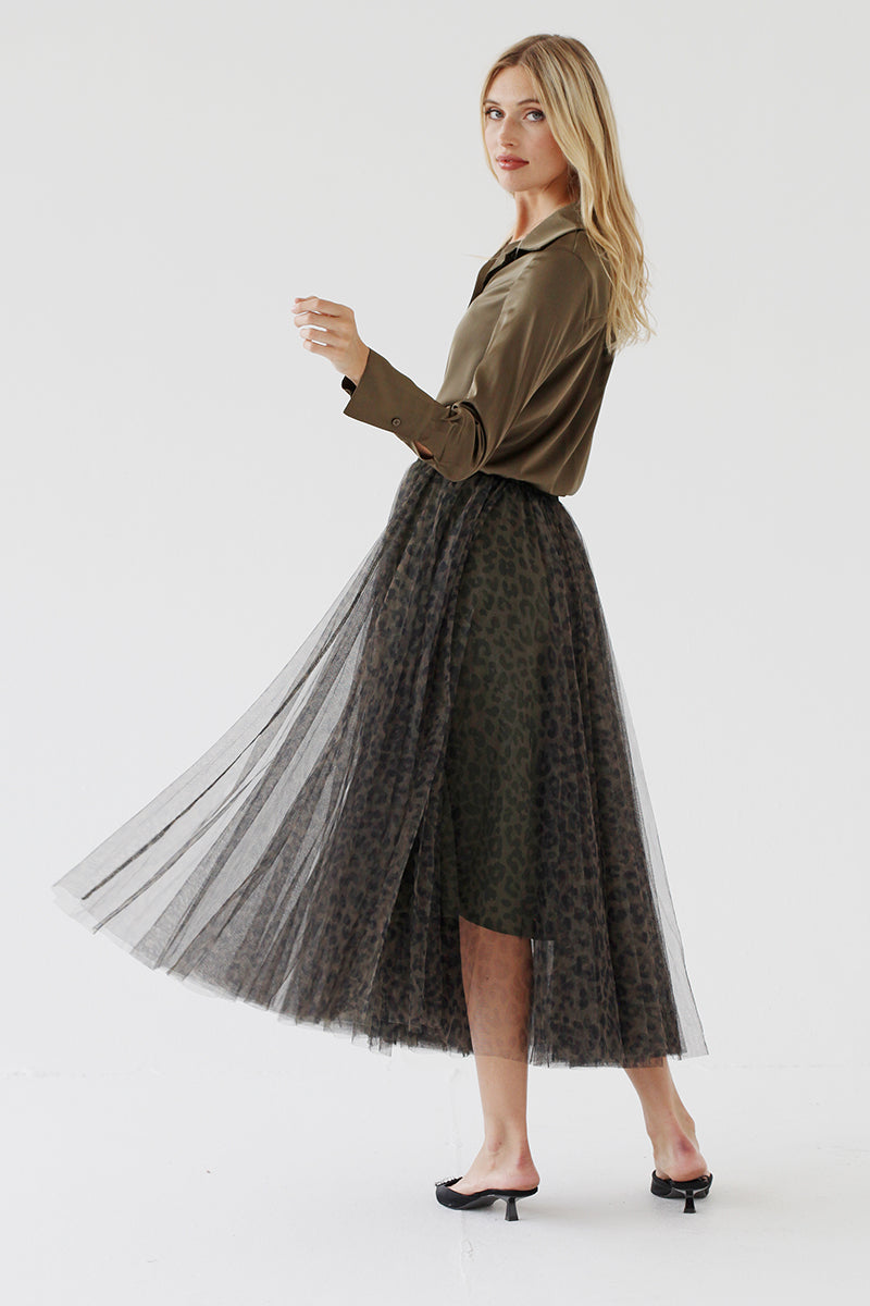 Olive Leopard Mesh Skirt