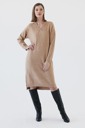 Beige V-neck Knitted Dress