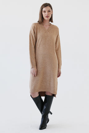 Beige V-neck Knitted Dress