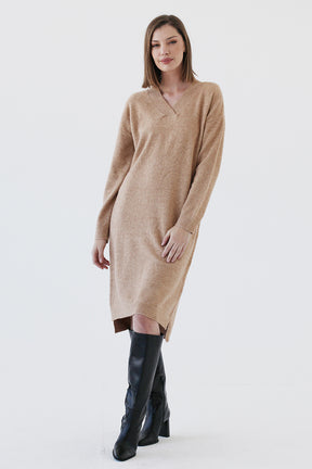 Beige V-neck Knitted Dress