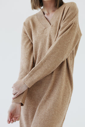 Beige V-neck Knitted Dress