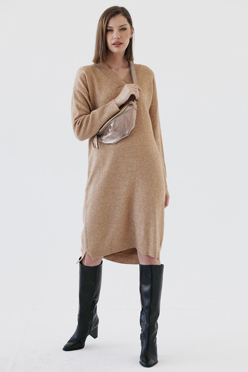 Beige V-neck Knitted Dress